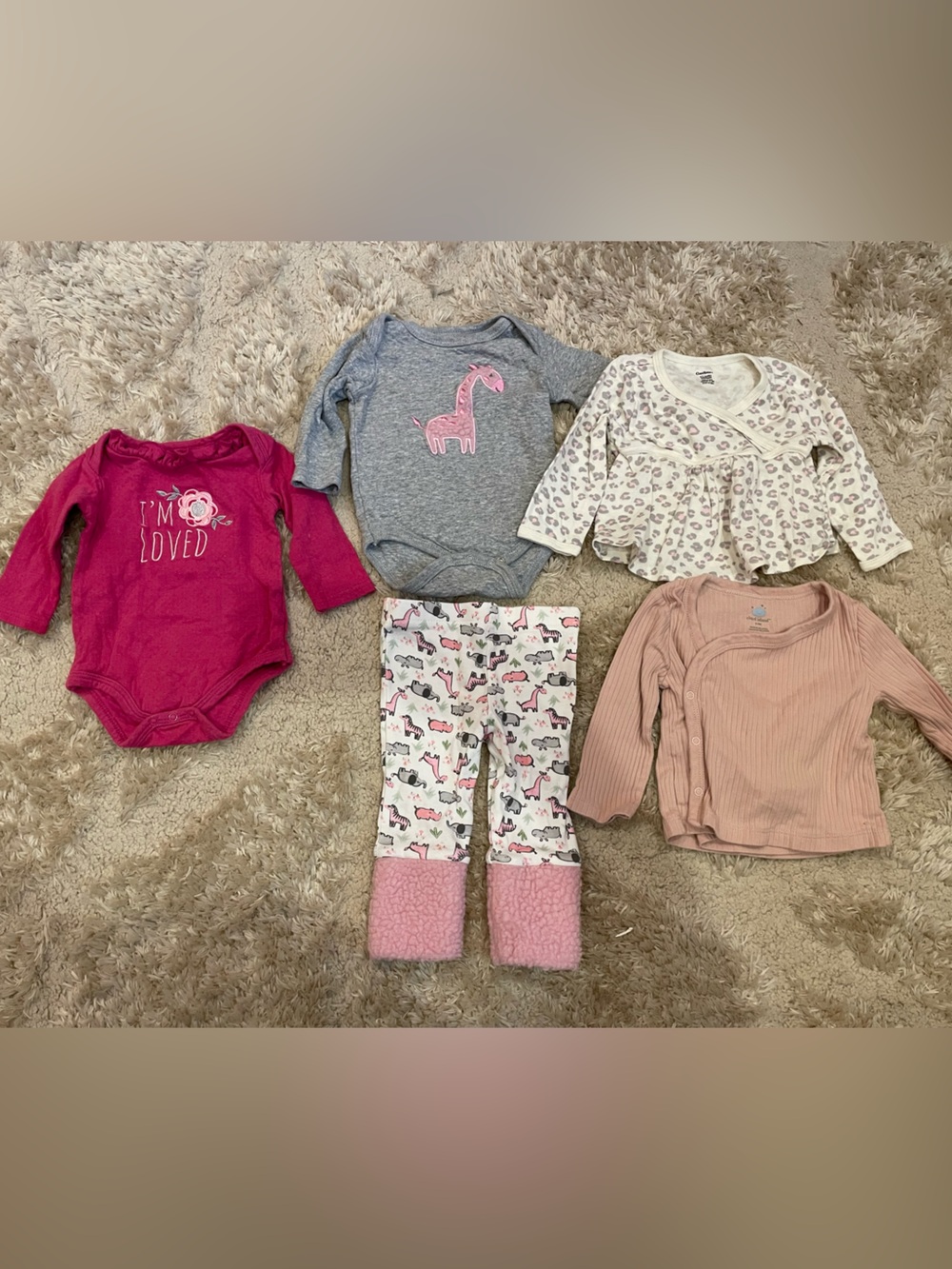 6-9 month Pink & Gray Long-Sleeve Baby Bodysuits and Pants Set, tops, and onesie